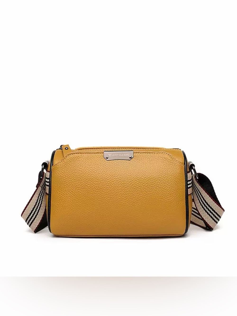 Genuine Leather Mustard Crossbody Bag with Striped Detachable Strap